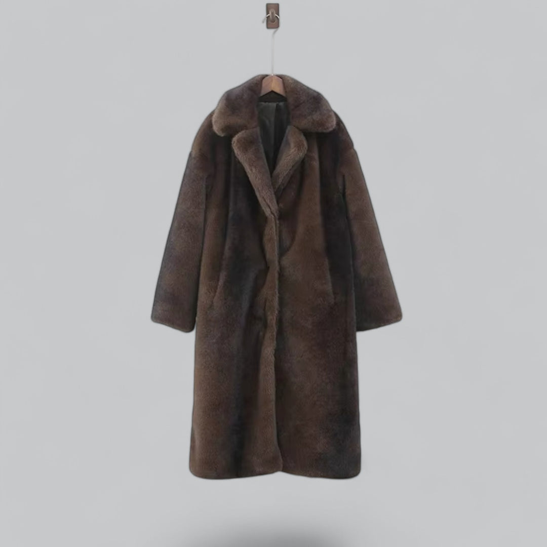 Damen Faux-Fur Mantel Dunkelbraun Lang