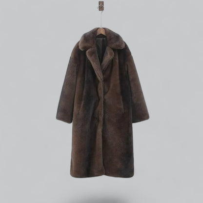 Damen Faux-Fur Mantel Dunkelbraun Lang