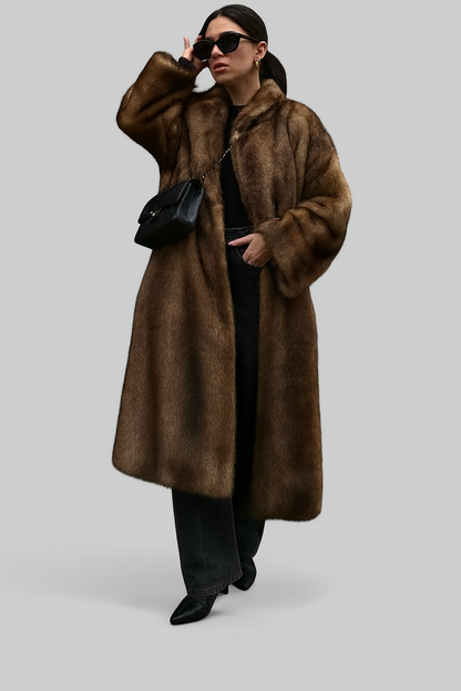 Damen Faux-Fur Mantel Dunkelbraun Lang - Norvielle