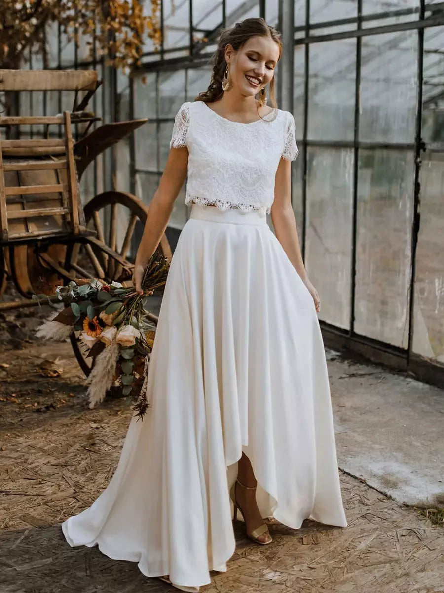 Brautkleid Spitzenoberteil Fließender Rock Weiße Romantik - Norvielle