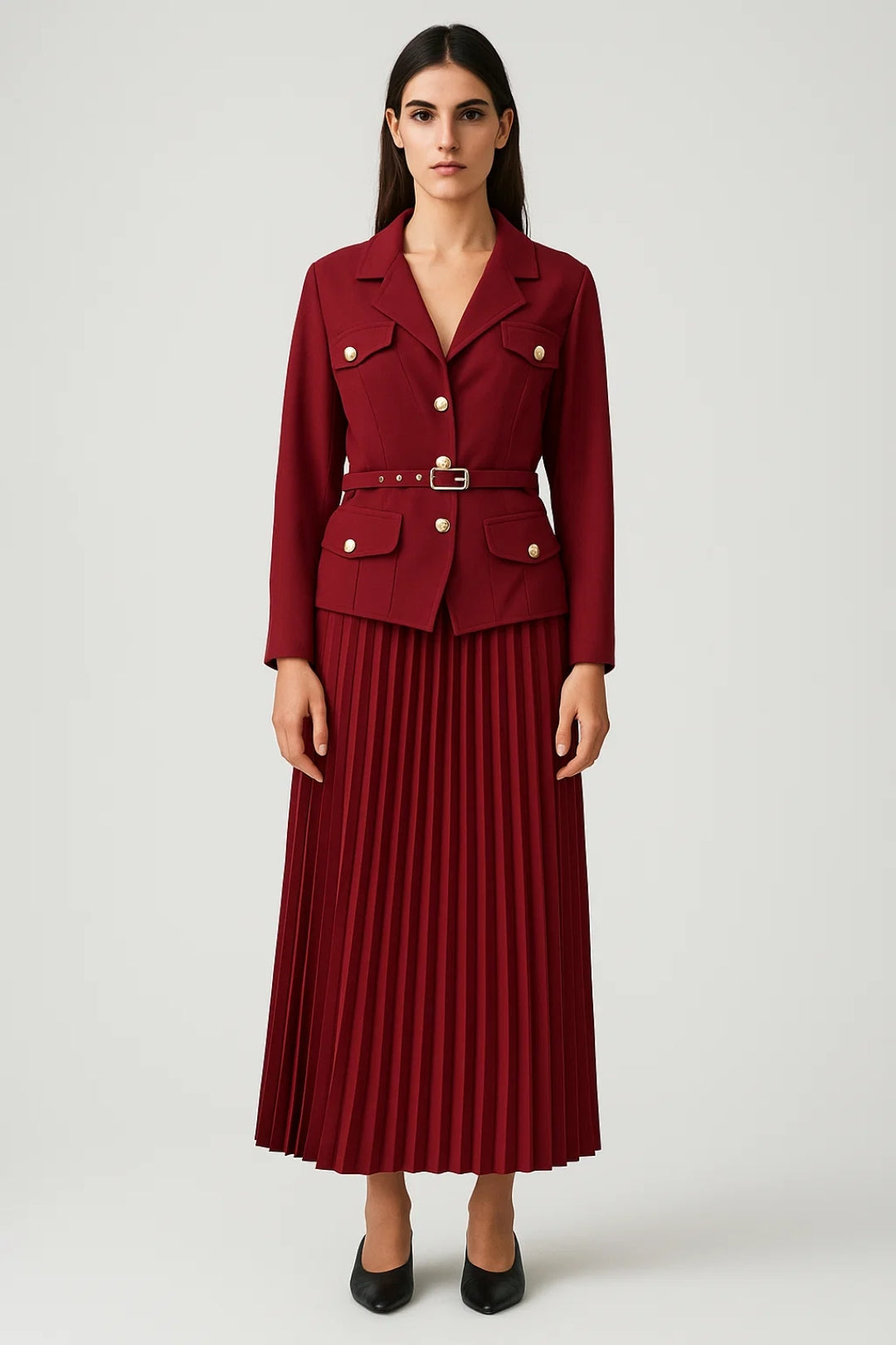 Damen Zweireihiger Blazer Set mit Faltenrock - Norvielle