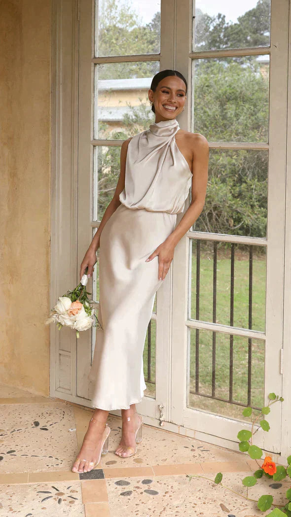 Damen Elegantes Midi-Kleid Neckholder Drapiert - Norvielle