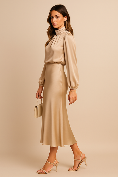 Damen Langarm High-Neck Midikleid