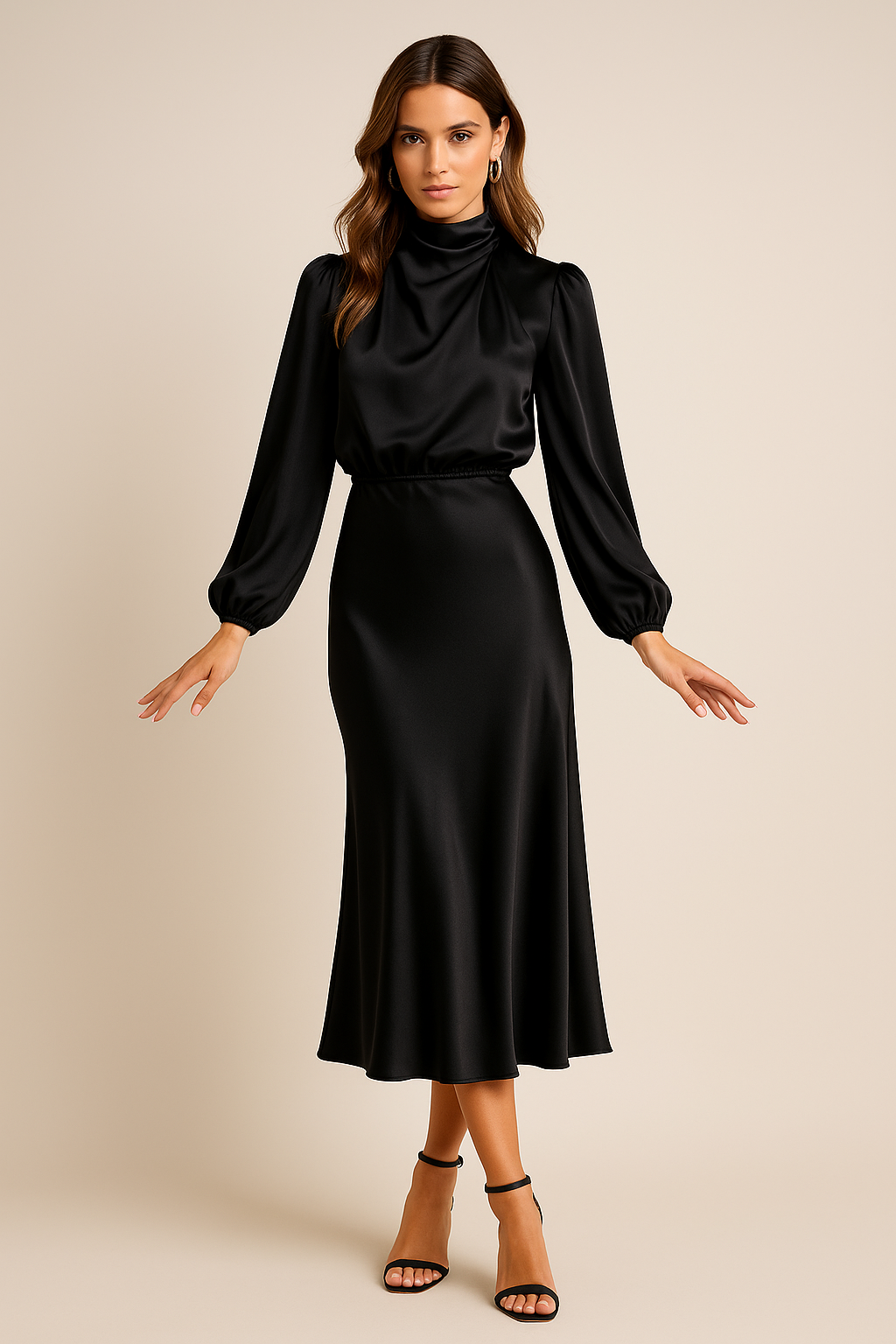 Damen Midikleid Hochhalter Ausschnitt