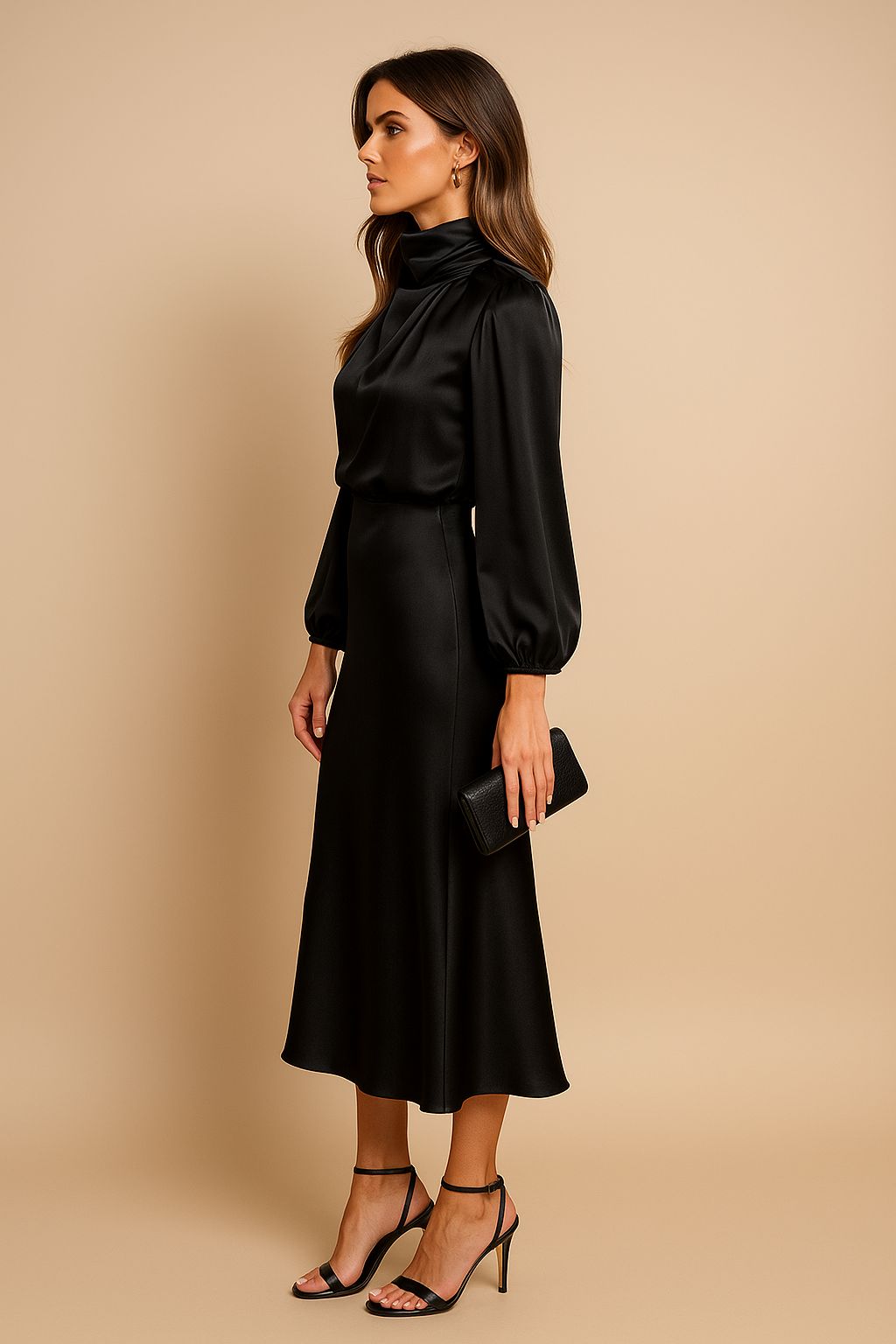 Damen Langarm High-Neck Midikleid