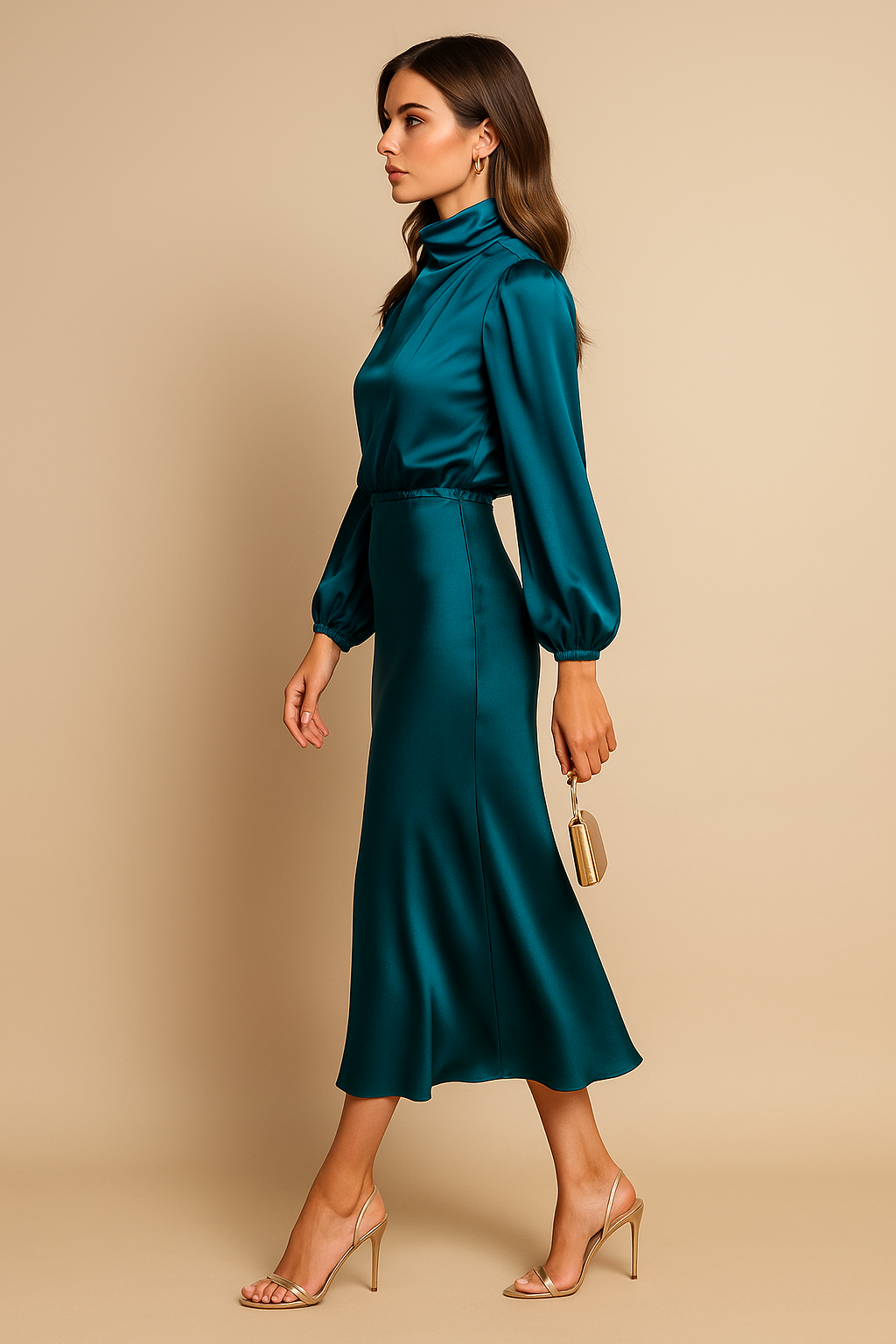 Damen Midikleid Hochhalter Ausschnitt
