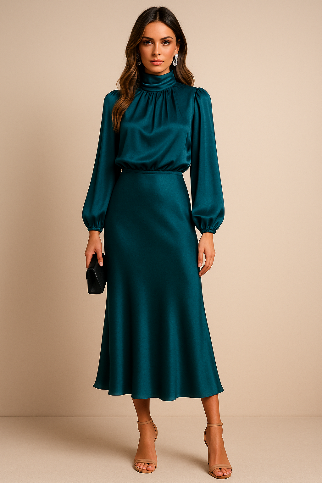 Damen Langarm High-Neck Midikleid