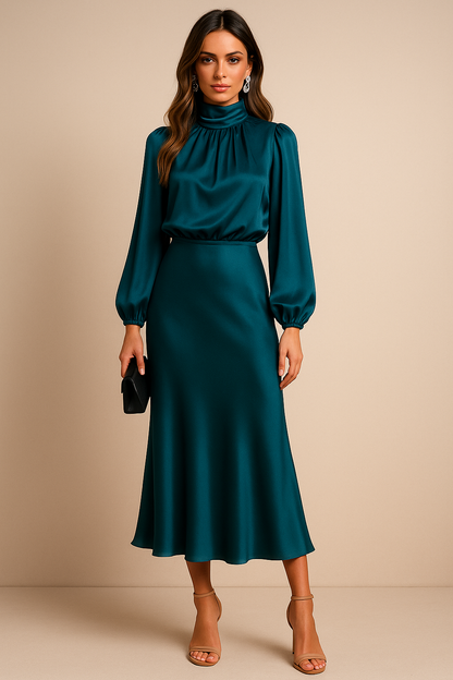 Damen Midikleid Hochhalter Ausschnitt