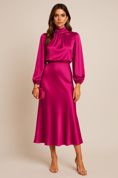 Damen Midikleid Hochhalter Ausschnitt