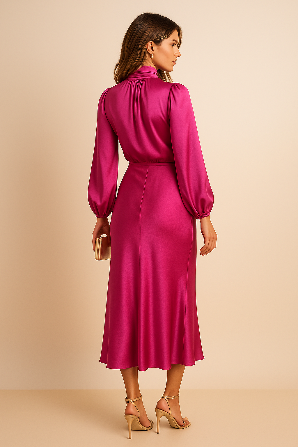 Damen Midikleid Hochhalter Ausschnitt