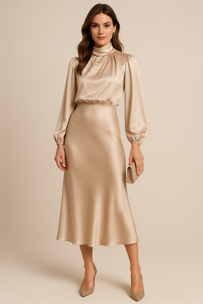 Damen Abendkleid Langärmlig Midi Schwarz - Eveloria