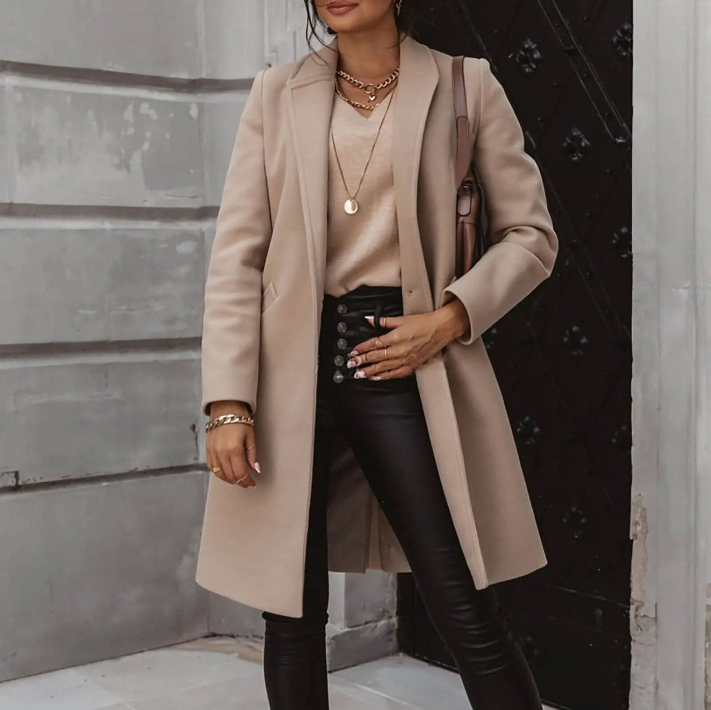 Damen Langmantel Elegantes Design Strukturiert Schwarz - Norvielle