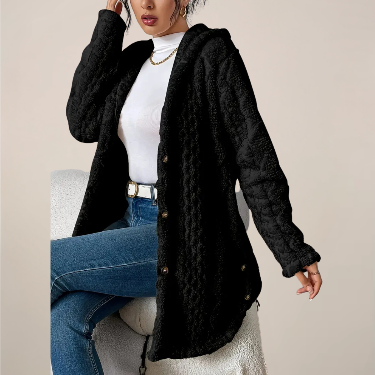 Damen Kapuzenjacke Langer Mantel Strukturiert