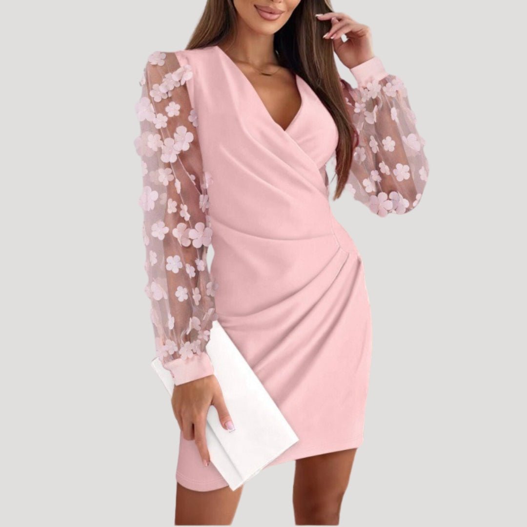 Damen Mini-Kleid Transparente Ärmel V-Ausschnitt