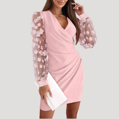 Damen Mini-Kleid Transparente Ärmel V-Ausschnitt