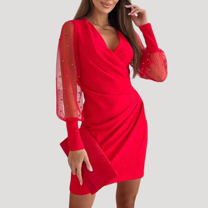 Damen Mini-Kleid Transparente Ärmel V-Ausschnitt