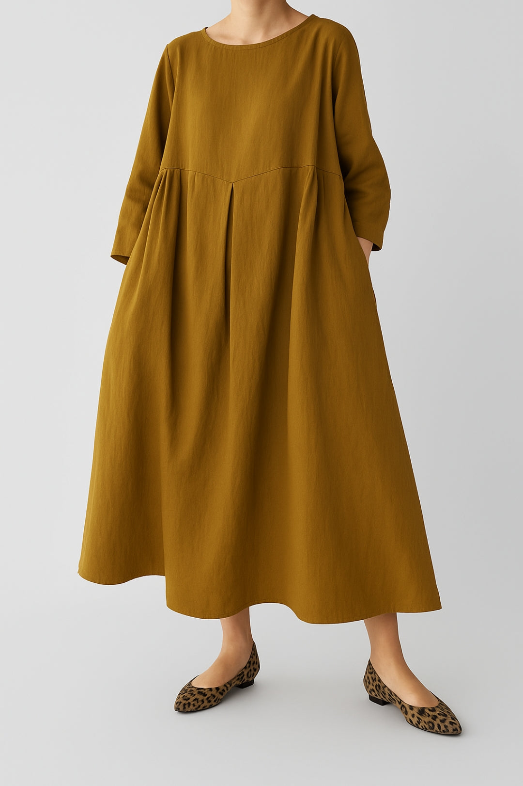 Damen Midikleid Vorderfalten Lässig