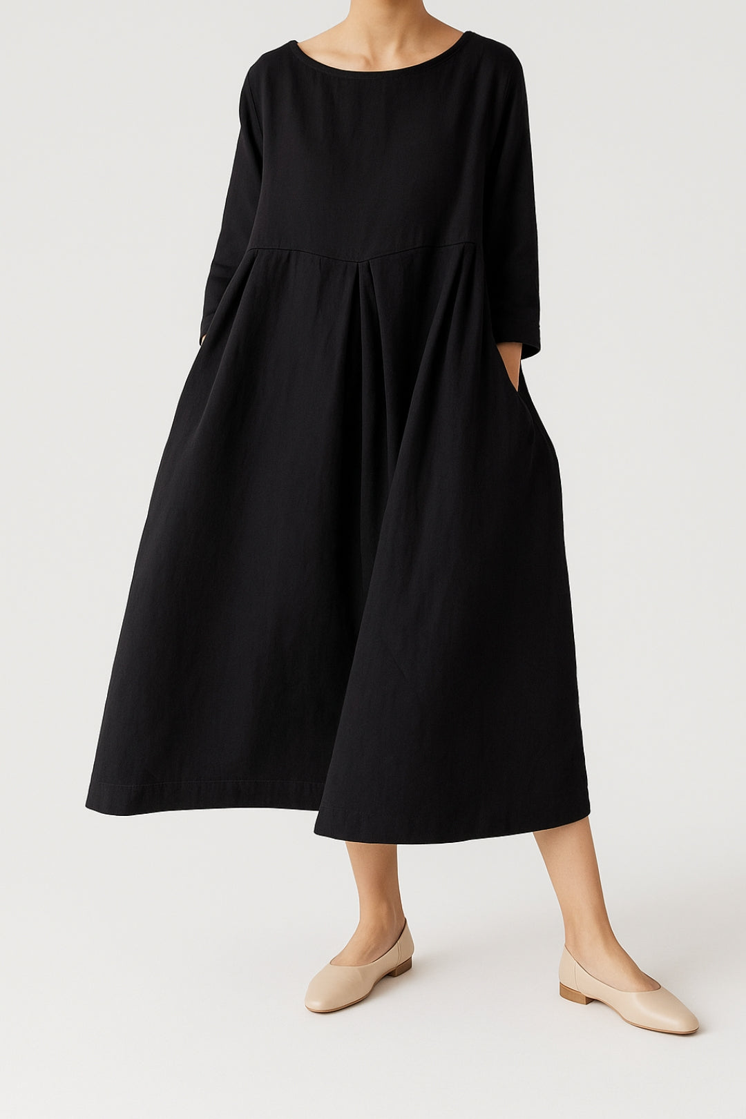 Damen Midikleid Vorderfalten Lässig