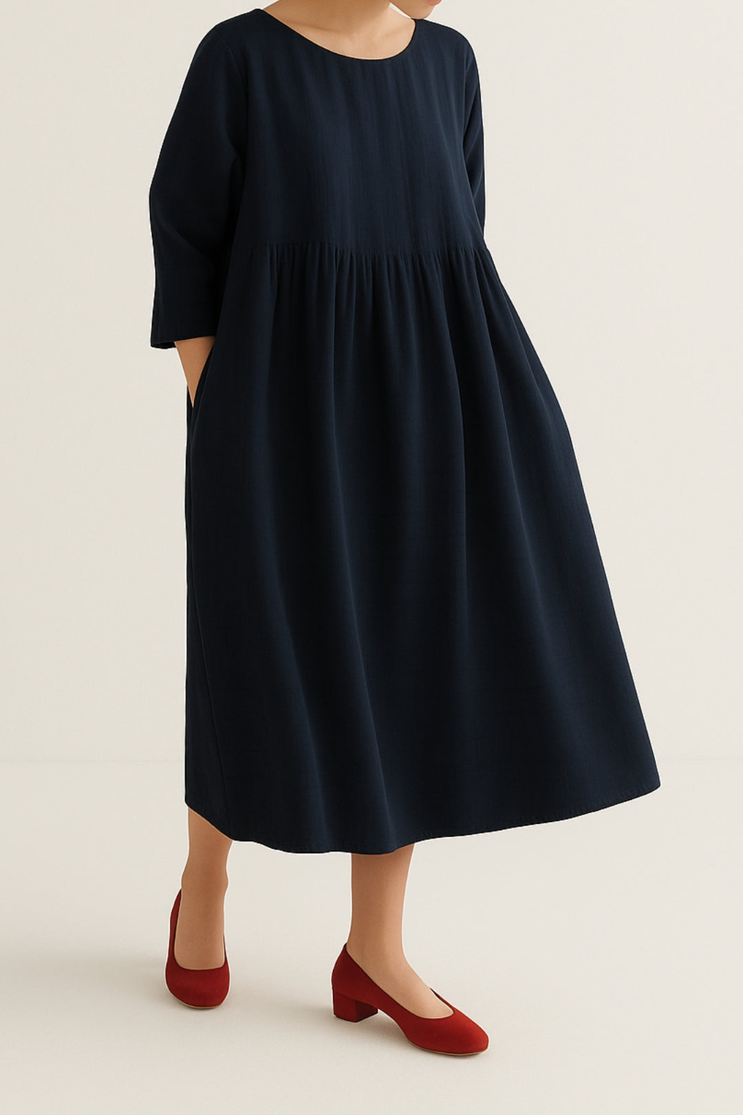 Damen Midikleid Vorderfalten Lässig
