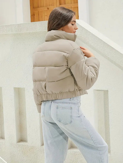 Damen Cropped Pufferjacke Beige Reißverschluss Elastisch