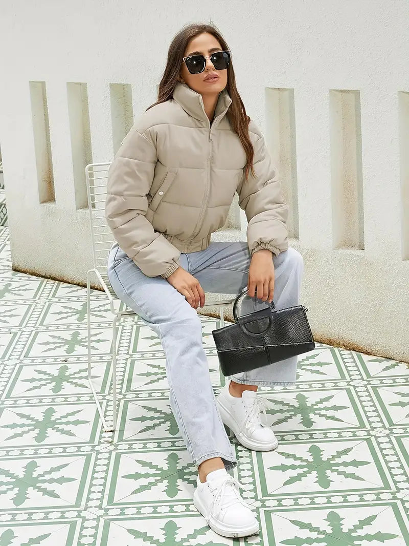 Damen Cropped Pufferjacke Beige Reißverschluss Elastisch