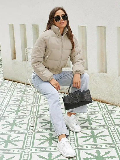 Damen Cropped Pufferjacke Beige Reißverschluss Elastisch