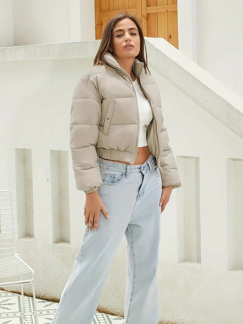 Damen Cropped Pufferjacke Beige Reißverschluss Elastisch