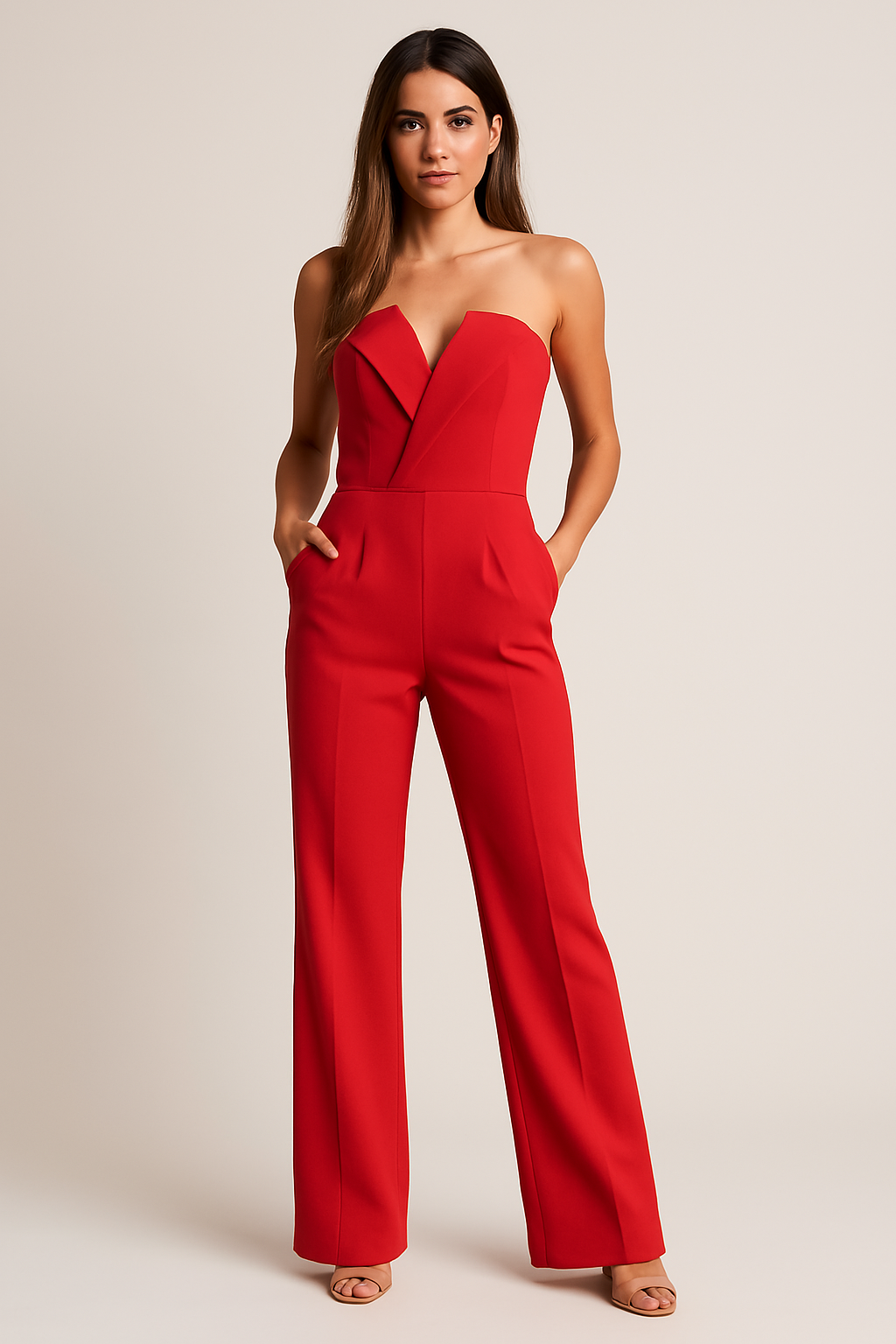 Damen Trägerloser Jumpsuit V-Ausschnitt