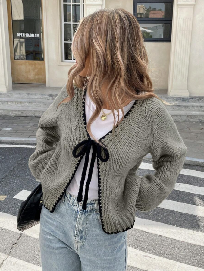 Damen Tie-Front Cardigan Kurze Strickjacke Kontrastbesatz