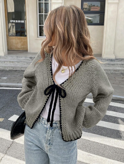 Damen Tie-Front Cardigan Kurze Strickjacke Kontrastbesatz