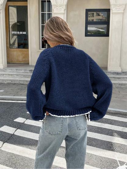 Damen Tie-Front Cardigan Kurze Strickjacke Kontrastbesatz