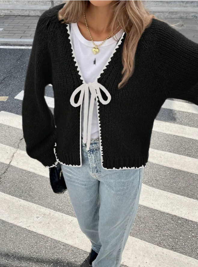 Damen Tie-Front Cardigan Kurze Strickjacke Kontrastbesatz