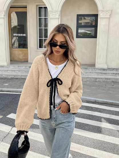 Damen Tie-Front Cardigan Kurze Strickjacke Kontrastbesatz