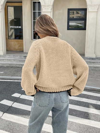 Damen Tie-Front Cardigan Kurze Strickjacke Kontrastbesatz