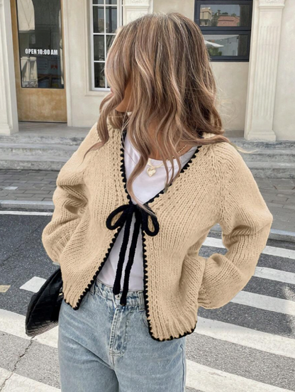 Damen Tie-Front Cardigan Kurze Strickjacke Kontrastbesatz