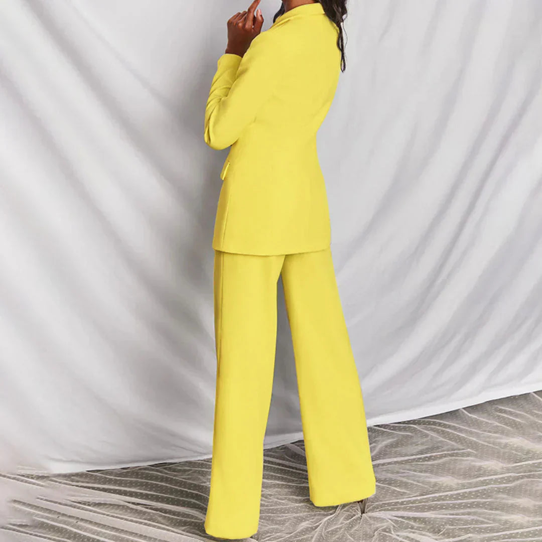Damen Hosenanzug Longline Blazer Weites Bein Strukturiert
