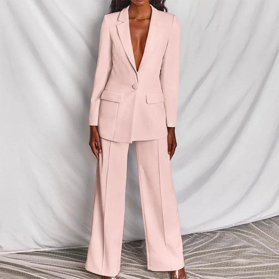 Damen Hosenanzug Longline Blazer Weites Bein Strukturiert