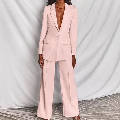Damen Hosenanzug Longline Blazer Weites Bein Strukturiert