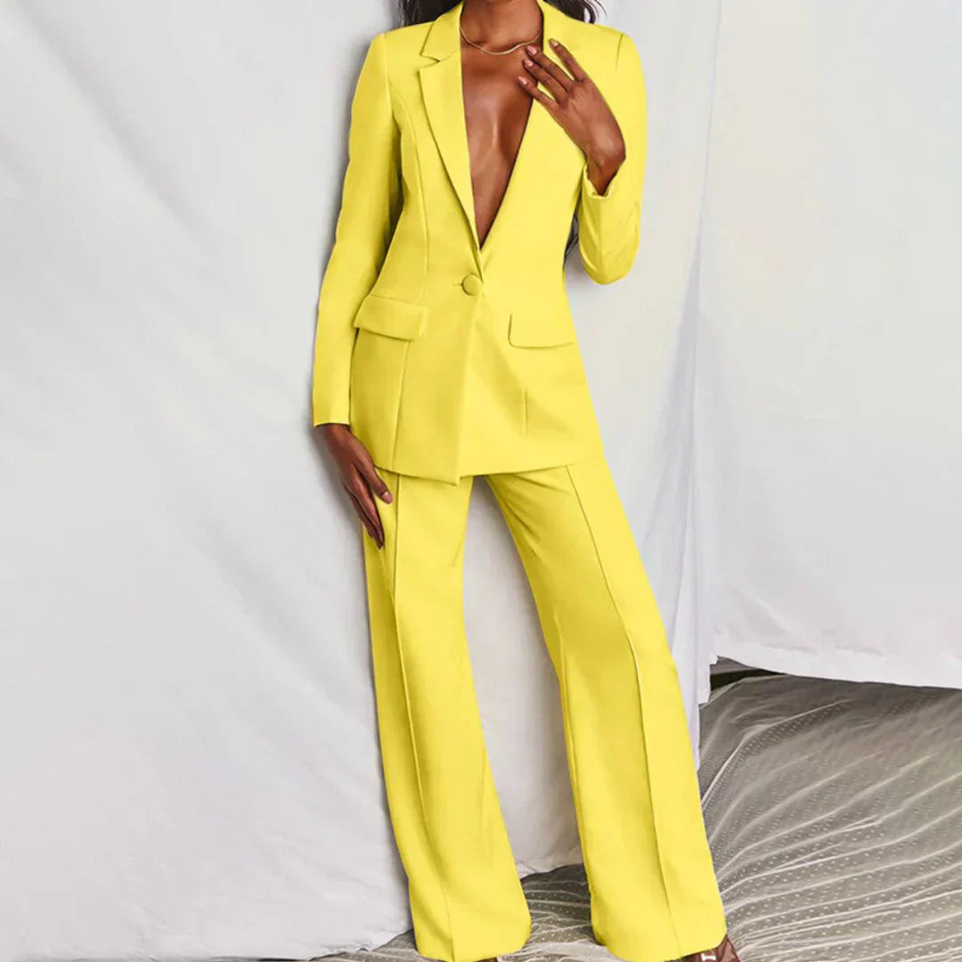 Damen Hosenanzug Longline Blazer Weites Bein Strukturiert - Norvielle