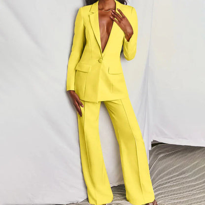 Damen Hosenanzug Longline Blazer Weites Bein Strukturiert - Norvielle