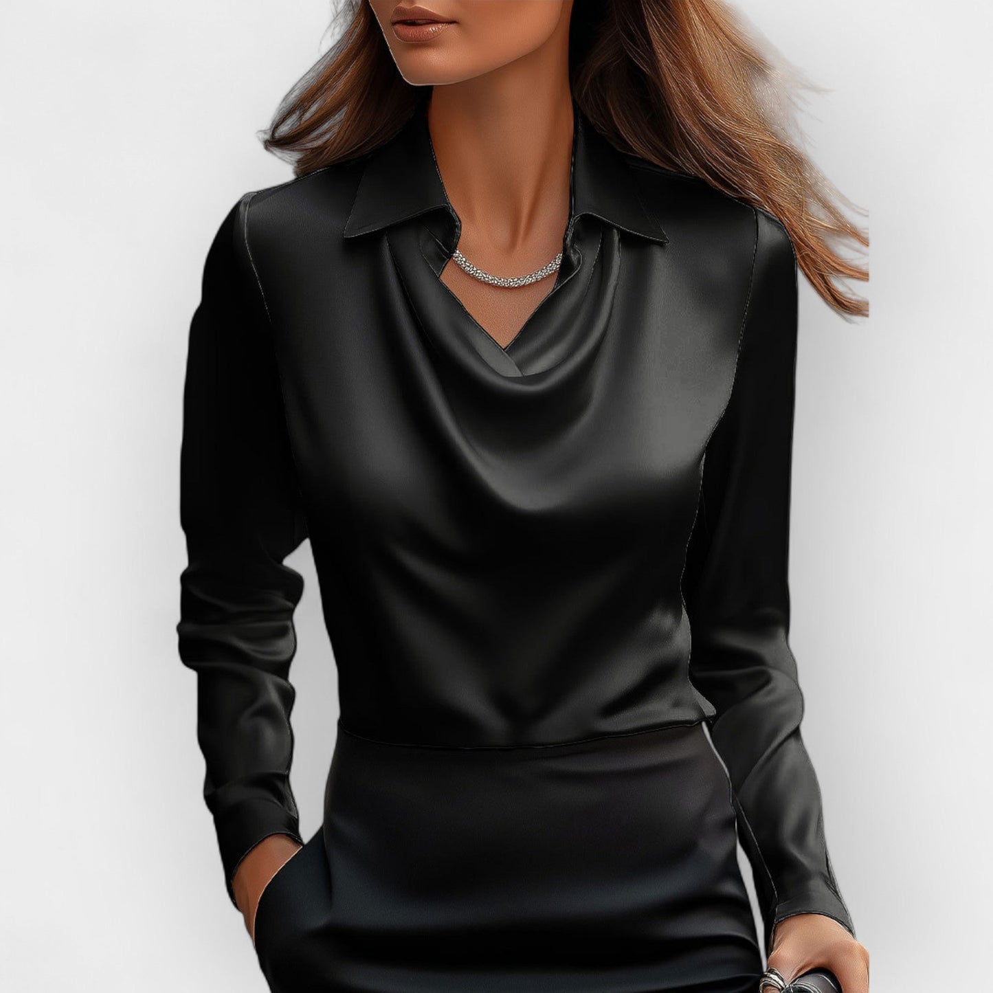 Damen Satinbluse Wasserfallkragen Elegantes Design