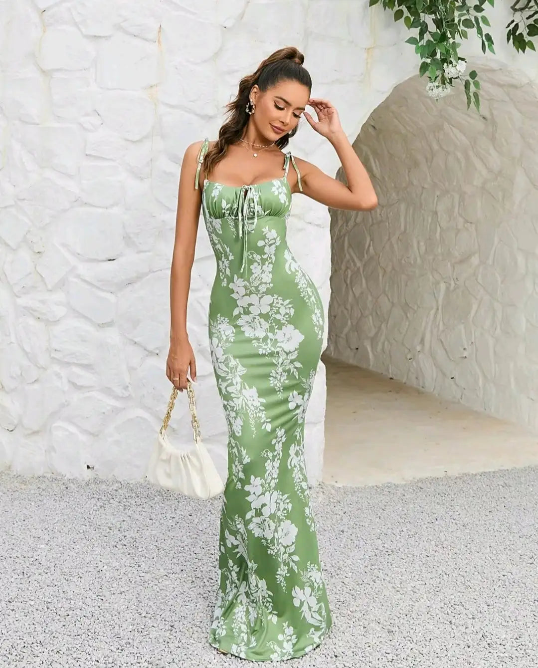Damen Maxikleid Blumenmuster Schleifen Sommer