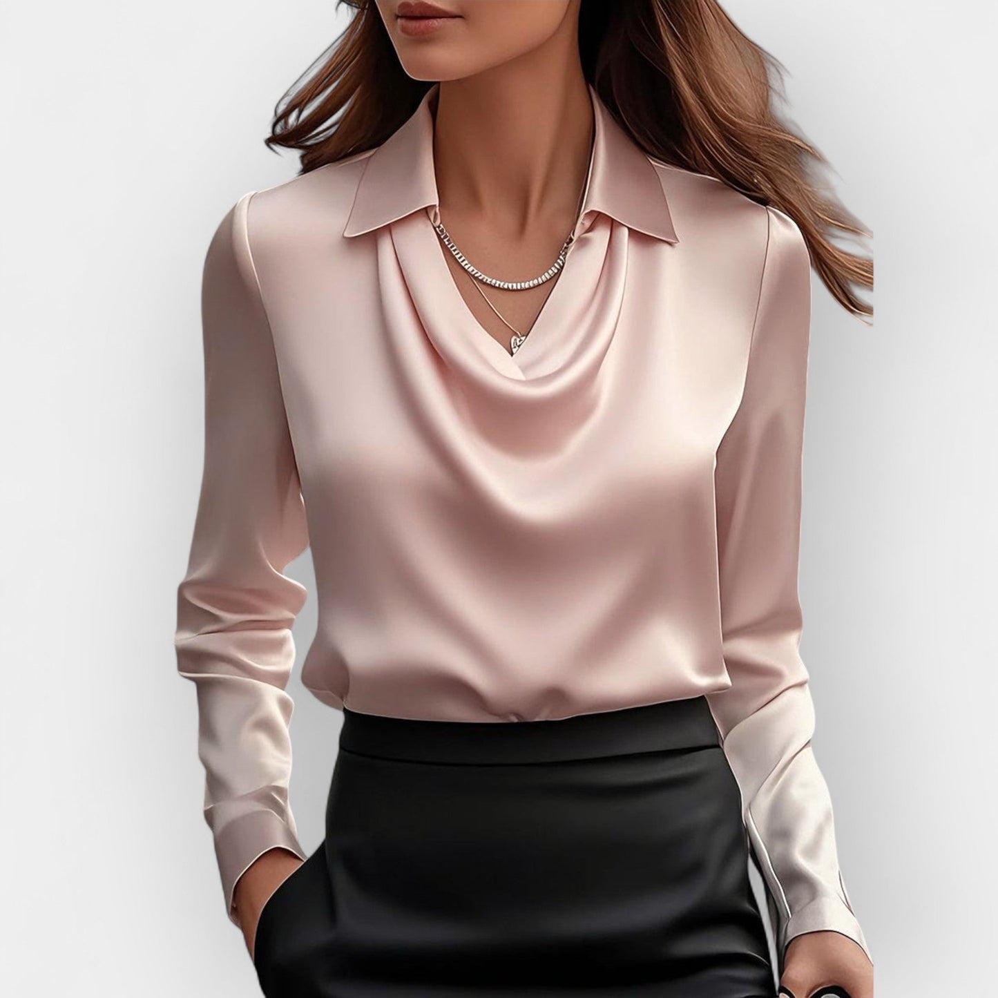 Damen Satinbluse Langarm Wasserfallkragen Eleganz