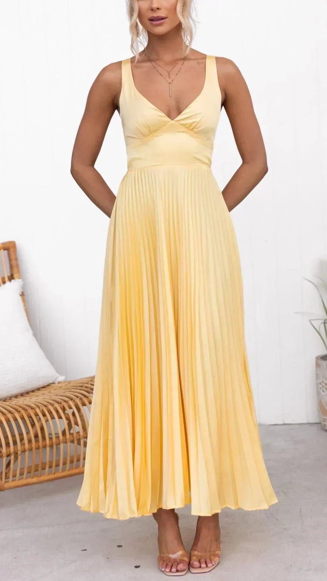 Damen Maxi-Kleid V-Ausschnitt Falten