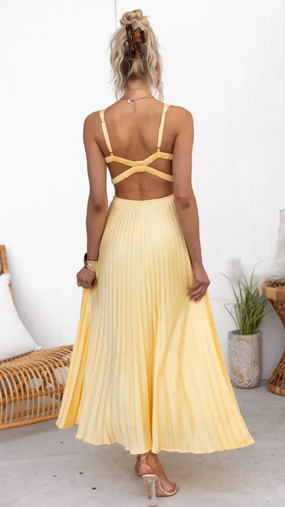 Damen Maxi-Kleid V-Ausschnitt Falten