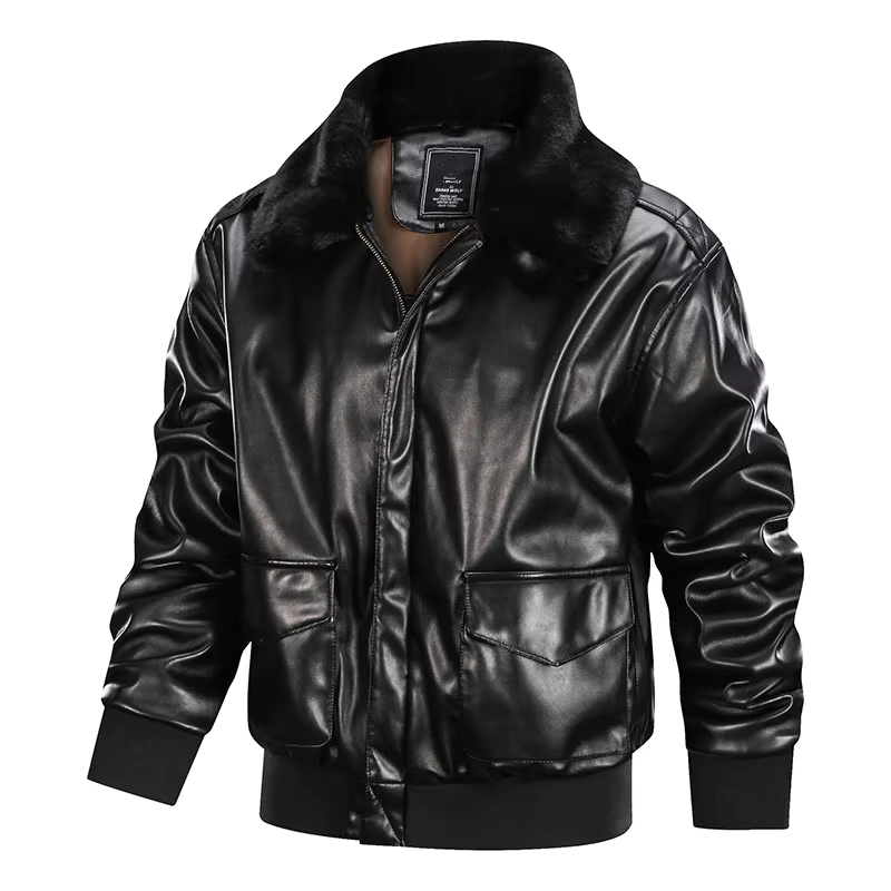 Herren Lederjacke Vintage Reißverschluss Rippbündchen