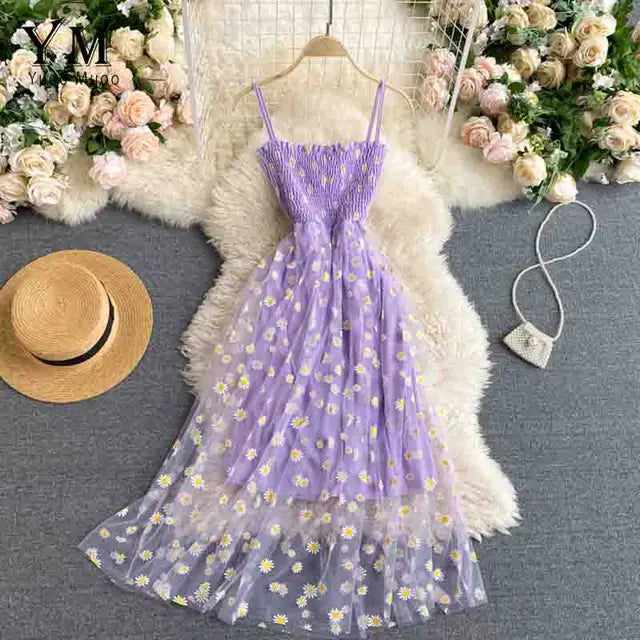 Damen Sommerkleid Mesh Gänseblümchenmuster Spaghettiträger