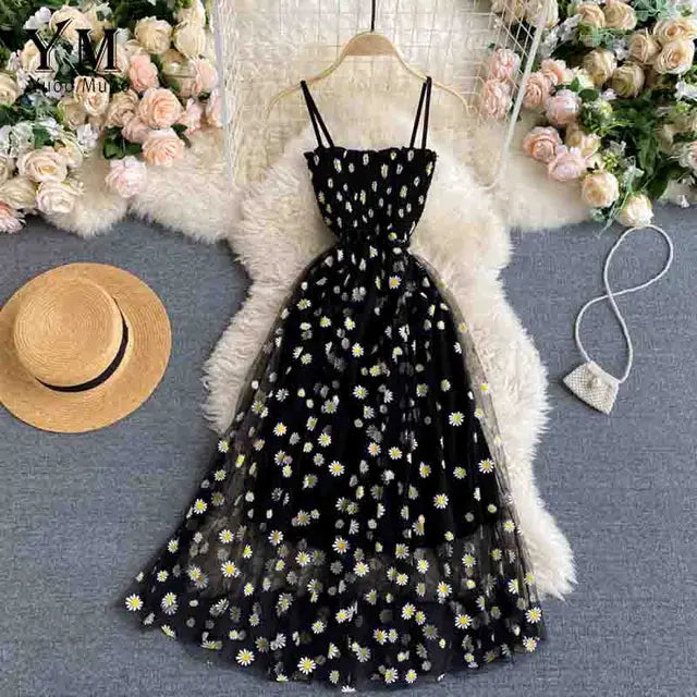 Damen Sommerkleid Mesh Gänseblümchenmuster Spaghettiträger