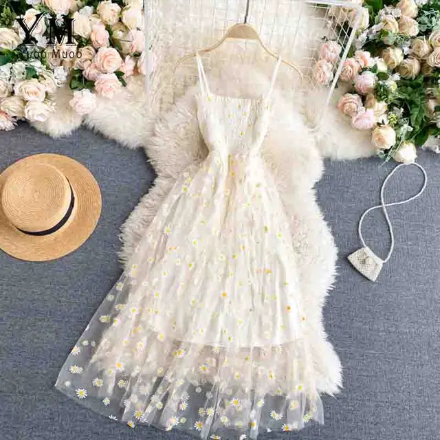 Damen Sommerkleid Mesh Gänseblümchenmuster Spaghettiträger - Norvielle