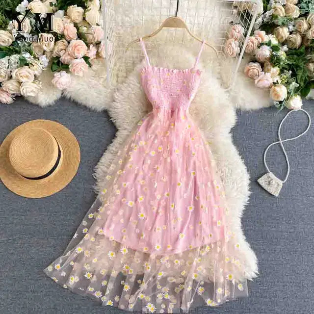 Damen Sommerkleid Mesh Gänseblümchenmuster Spaghettiträger